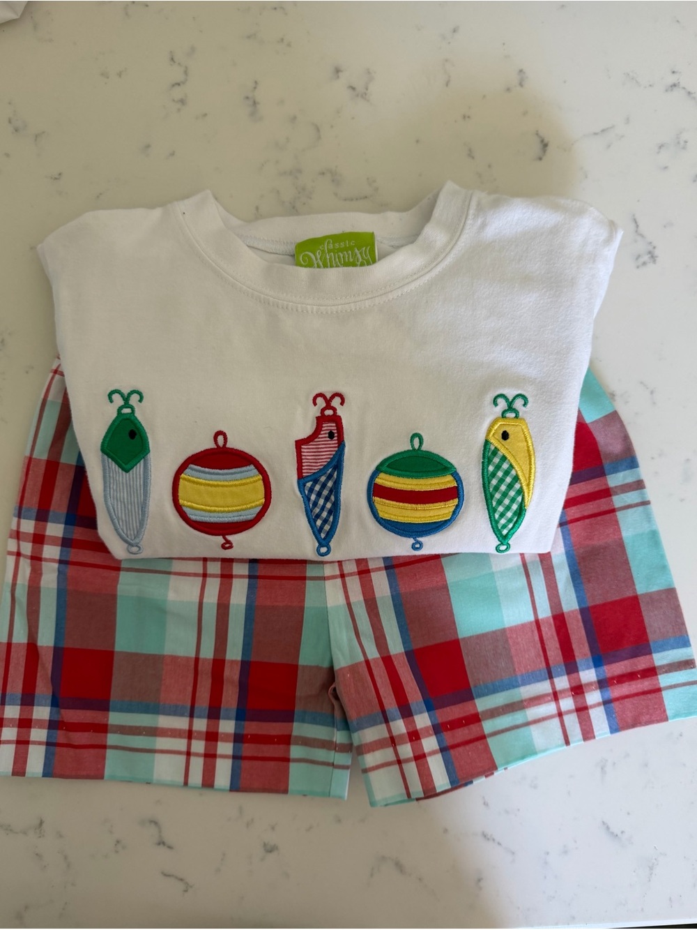 Children's White Embroidered Top & Plaid Shorts Matching Set